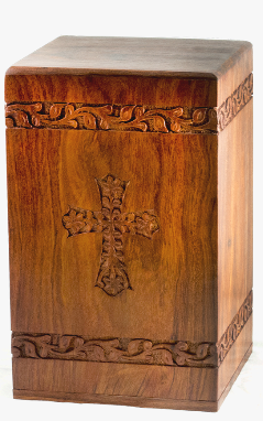 Solid rosewood adult urn with a hand-carved cross at an affordable price. No two are exactly alike.

Opens at base for easy transfer of cremains.  Secured with brass screws.  