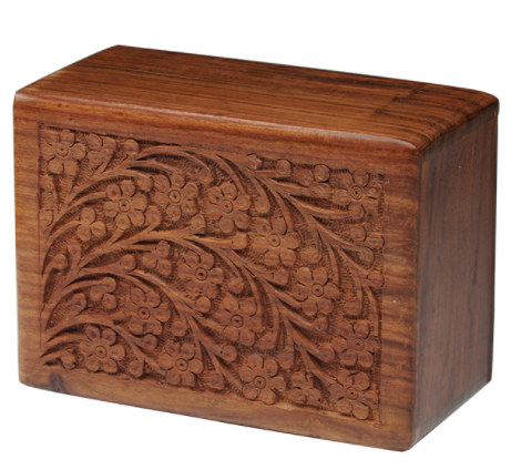 Hand-carved rosewood sheesham urn box with individually cared “Tree of Life” design.

Available in Extra Small, Small, Medium, Extra Large, XL for Temporary Container