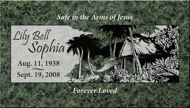 Single flat marker with a inscription that reads Safe in the Arms of Jesus and a beach scene is depicted with a hammock.