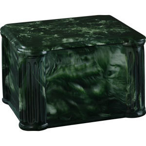 Cultured dark emerald marble comes together in an exclusive sculpted design.  Where commonly distributed cultured marble urns are listless and slab in design, the U1-CM-20 brings exclusive sculpted elegance with rounded corners and edging as well as sophisticated columns.

Unlike competetive products the U1-CM-20 is fully finished and hand polished. This is a significant difference. 
Other manufacturers hide imperfections under a massive felt pad on the bottom of the urn, or use a decal on the outside to approximate the appearance of marble.  The U1-CM-20 is fully polished - even underneath, and is hand colored so that each and every urn is unique, just like natural marble. Attention to detail extends to the seal on this urn.  A polished and plated marine grade seal (with gasket) ensures tight element protective sealing as well as peace of mind.


Specifications: 
Elegant Column Design
Hand Crafted
Hand Polished
Engineered Sealing (Marine Grade)
Hand Colored (each is unique)
Personalizable via all levels of our laser engraving.
Suitable for burial (over 8,500 psi rating)
205 Cu in Capacity

Dimensions:
  Width: 7 1⁄4"
  Height: 5 3⁄4"
  Length: 9 1⁄8"
