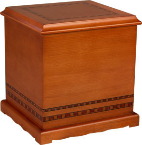 Over eight feet of hand laid wood inlay adorn this companion urn in the Alexander family.  The Alexander Companion is capable of containing two sets of cremains either separately or commingled.

Engineered construction prevents warpage and cracking, and the sizing is appropriate for niche use as well.  This urn can be personalized via all levels of our laser engraving.

Specifications: 
Allows for separate or commingled inurnment
Intricate wood inlay design
Fits in National Cemetery and major manufacturer niches
Fully finished interior
Hand Crafted
Hand Rubbed
Multiple coats of durable urethane finish
Personalizable via all levels of laser engraving
Capacity of 200 Cubic Inches (X2) or 405 Cubic Inches commingled

Dimensions:
  Width: 8 5⁄8"
  Height: 9 3⁄4"
  Length: 9 3⁄8"
